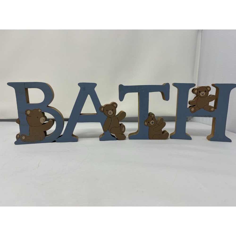 Vintage Hand Painted Wood Art Teddy Bear Bath Shelf Sitter Letters Cottagecore